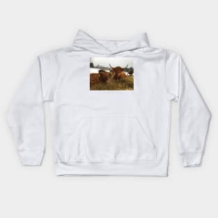 Scottish Highland Cattle Cow and Calf 1863 Kids Hoodie